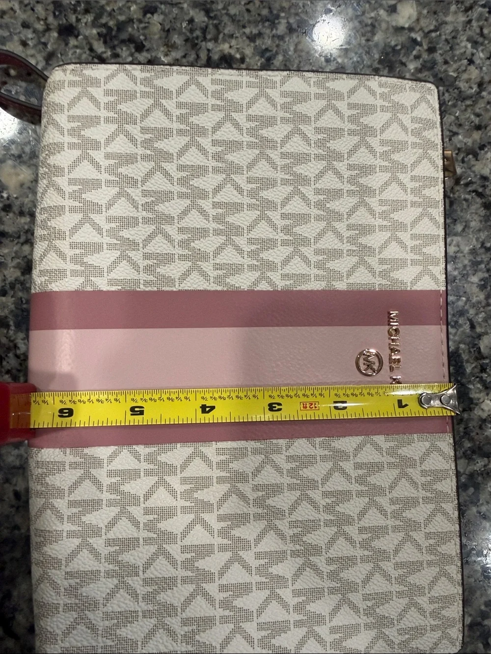 Michael Kors White Signature Logo Wristlet with Pink Stripe